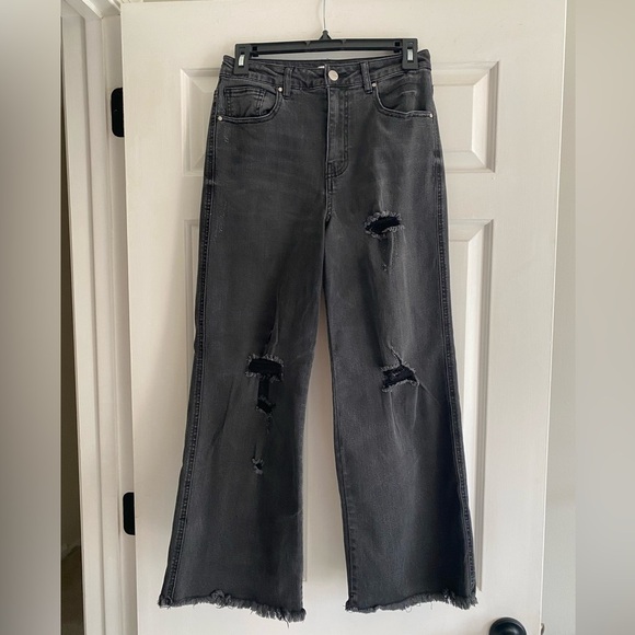 Forever 21 Wide Straight-leg Distressed Black Jeans Size 28 - Picture 1 of 7